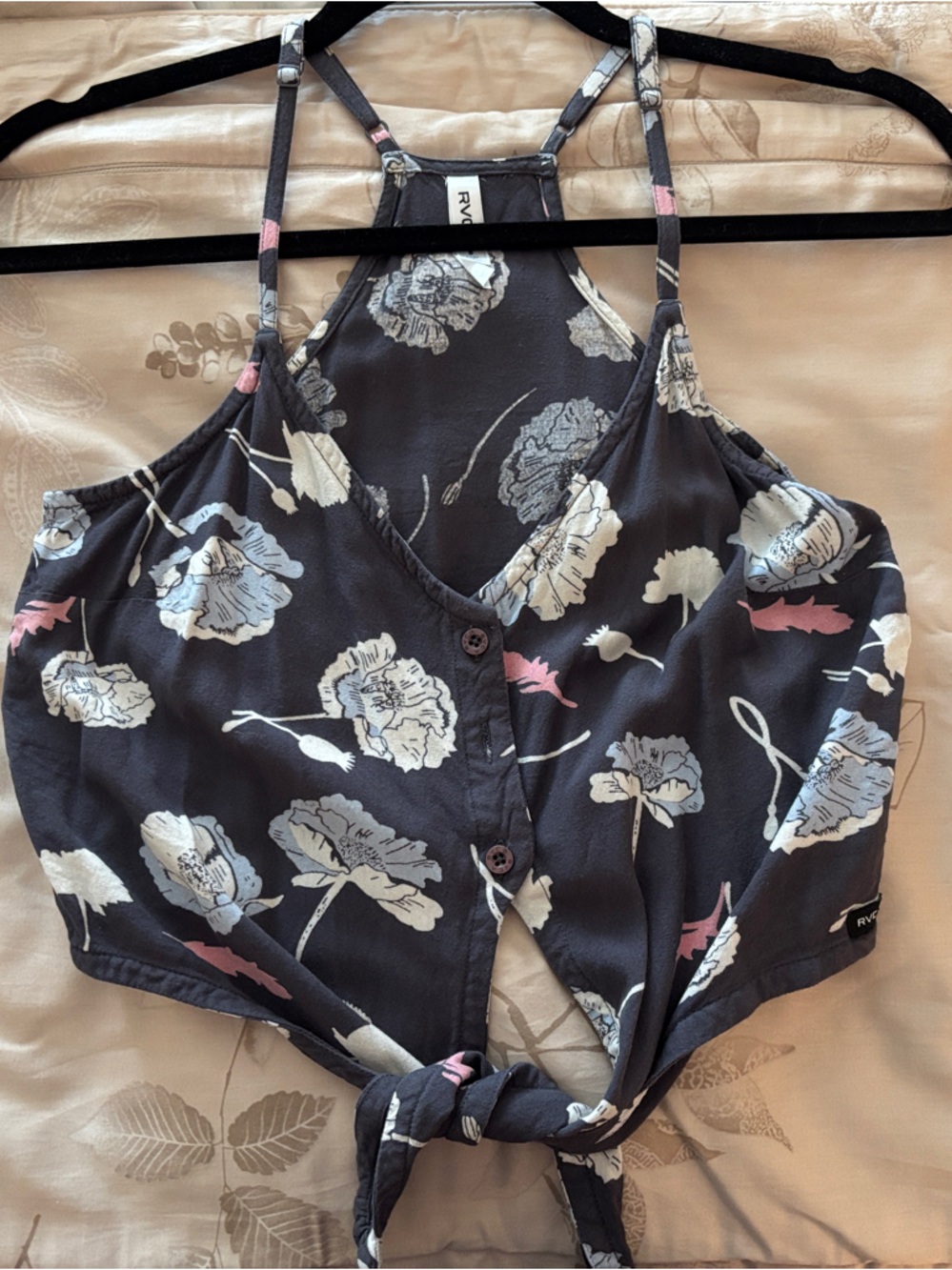 RVCA Charcoal Floral Tie-Front Cami with White and Pink Blooms